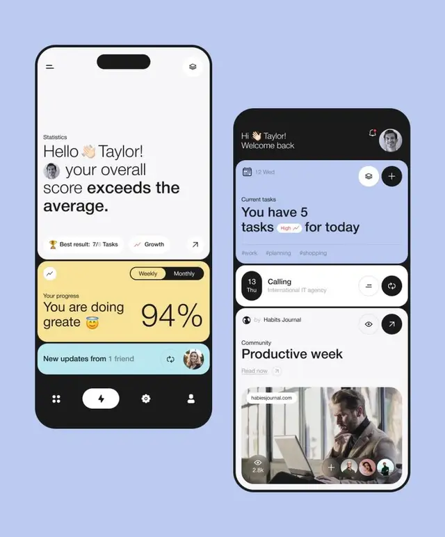 Pastel card-based productivity app UI mockup