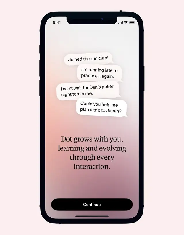 Dot onboarding screen — iPhone app mockup with conversational prompts