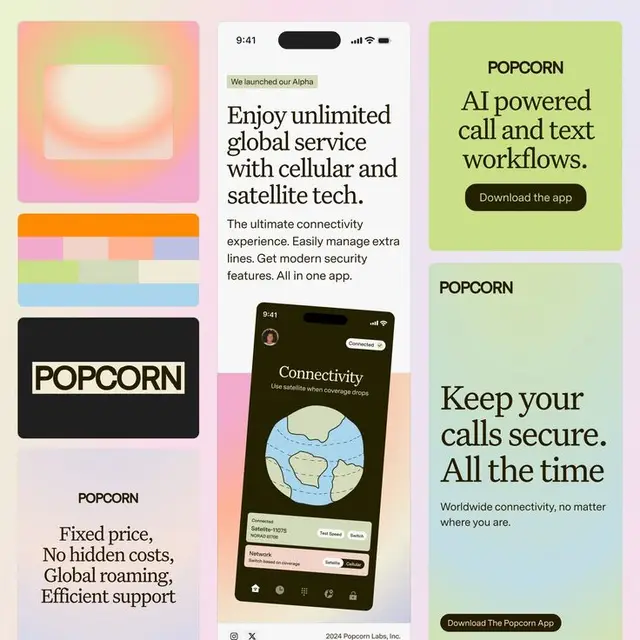 POPCORN app branding mockup — global cellular + satellite connectivity