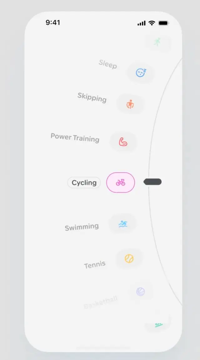 Neumorphic mobile UI — fitness activity selector (Cycling selected)