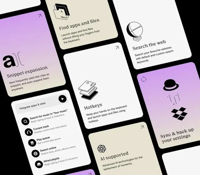Productivity app feature cards UI — snippet expansion, hotkeys, AI support