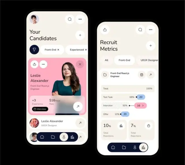 Mobile recruiting UI concept — candidate cards and metrics