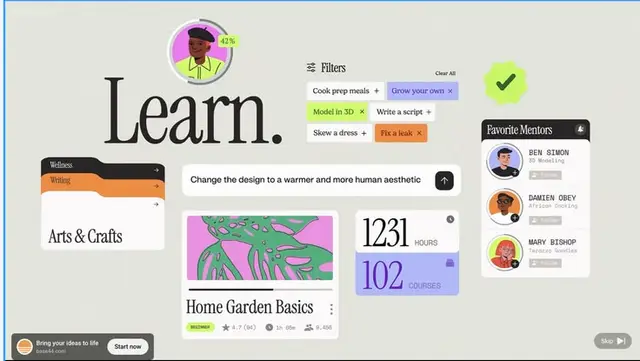 Learn. — pastel card-based UI mockup (Pinterest pin)