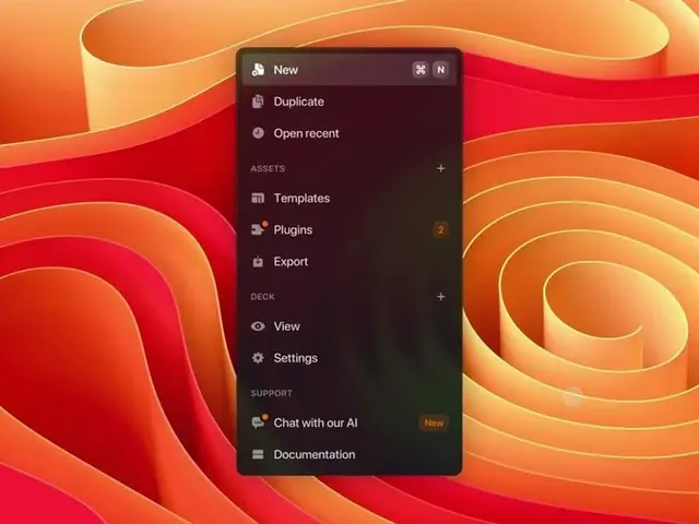 Dark frosted app sidebar menu over layered orange-red paper-cut background