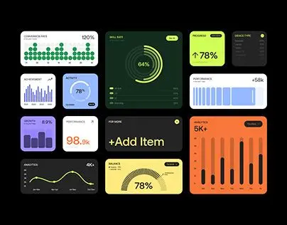 Dark-mode analytics dashboard UI: colorful KPI cards and charts