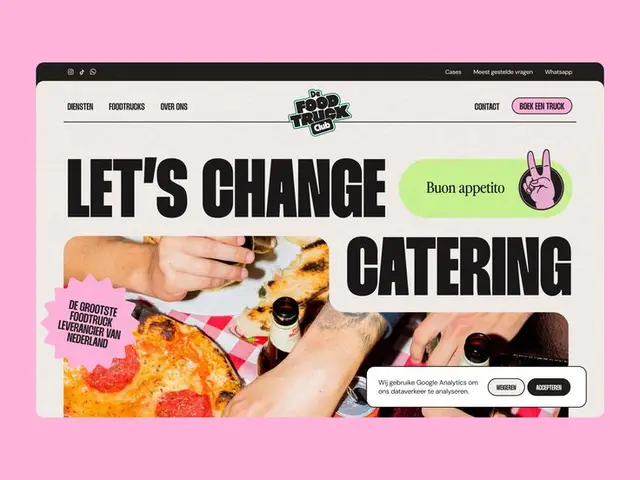 Website hero: "LET'S CHANGE CATERING" — De Food Truck Club pizza hero banner