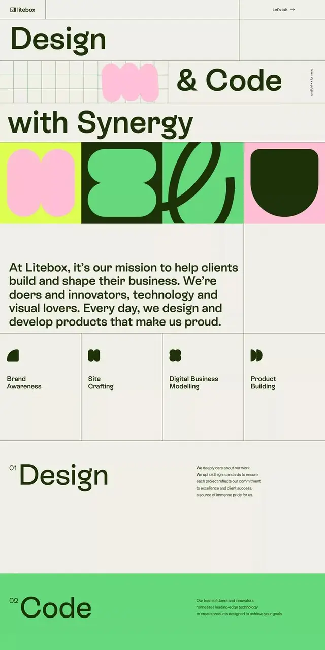 Litebox website hero: 'Design & Code with Synergy' — geometric grid layout