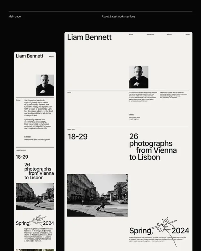 Liam Bennett — minimalist photography portfolio mockup (desktop + mobile)