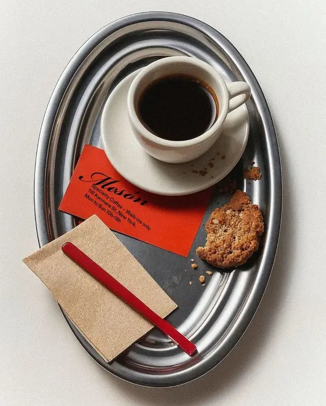 Espresso and Cookie on Oval Stainless Tray with Red 'Mastin' Card