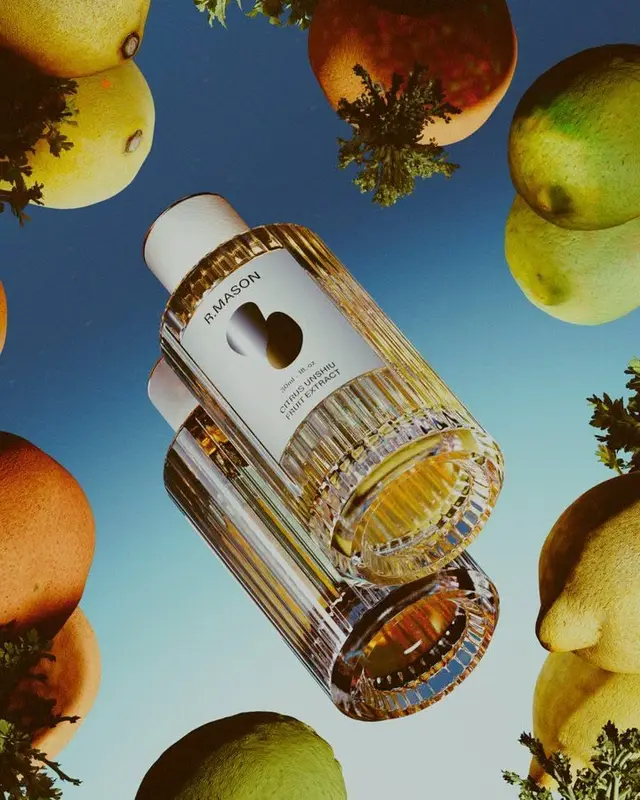 R.MASON citrus perfume bottle still life with pears