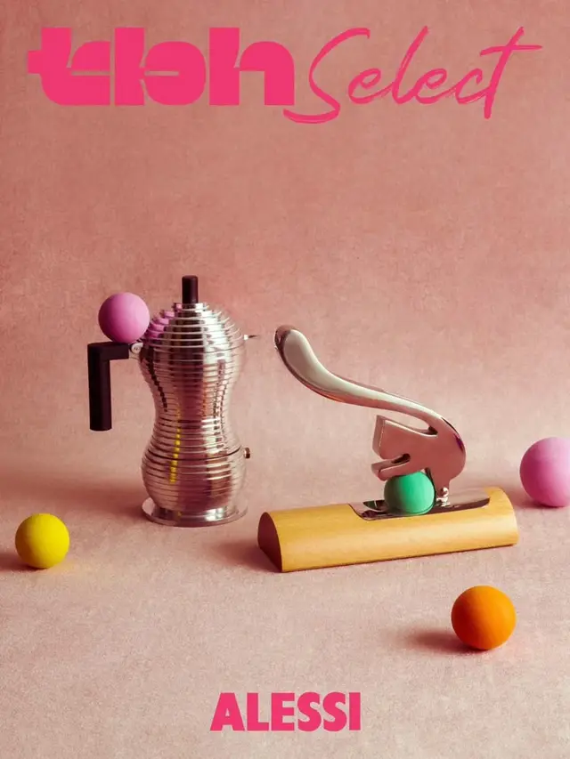 Alessi still life — chrome moka pot and lever press with pastel balls