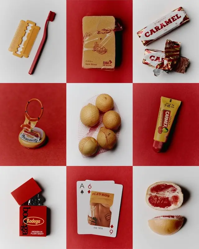 Red-and-white 3x3 still-life grid of packaged goods and fruit