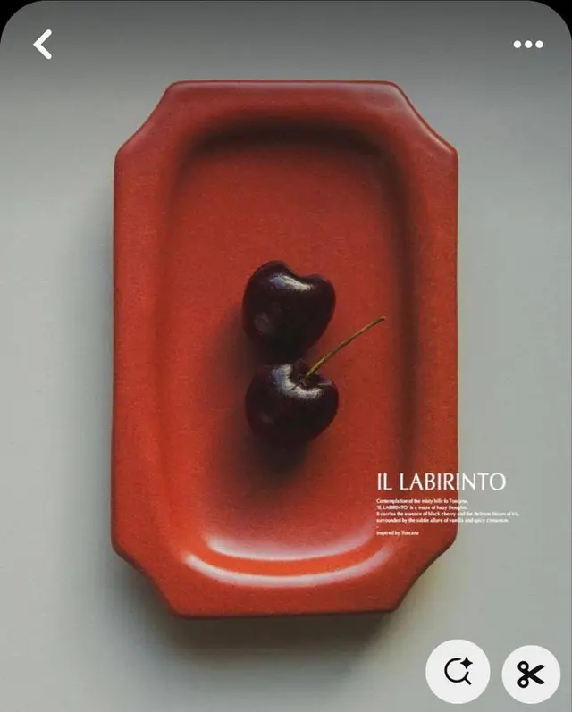 Minimal still life — two cherries on rust-red rectangular ceramic tray (IL LABIRINTO)