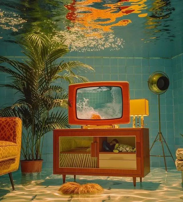 Retro underwater living room with orange CRT TV