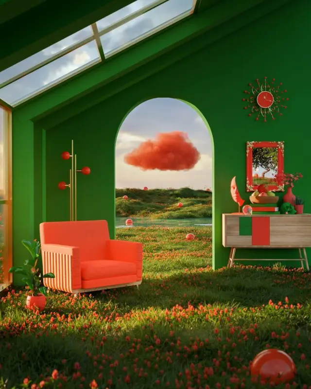 Surreal green interior with coral armchair and floating cloud
