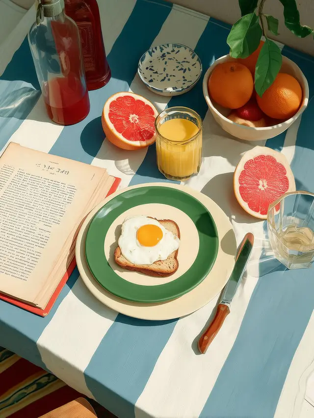 Sunlit breakfast: fried egg on toast with grapefruit and orange juice on blue-striped nap