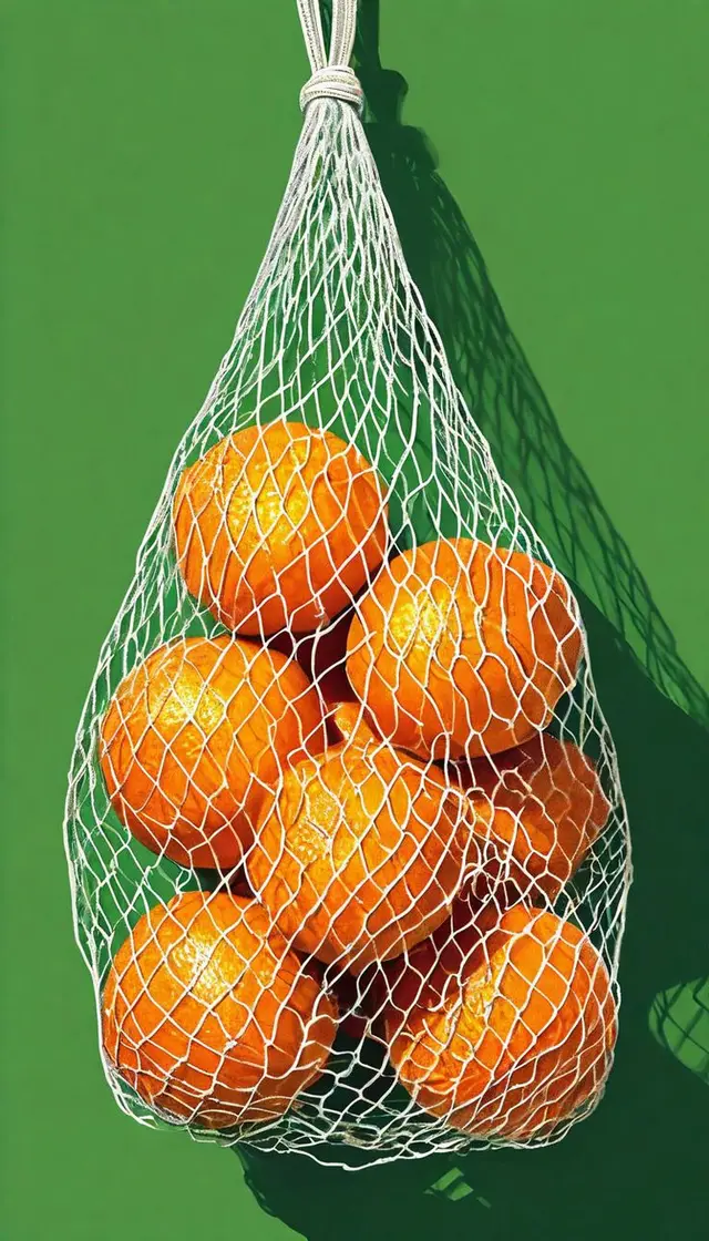 Oranges in white mesh produce bag on green backdrop