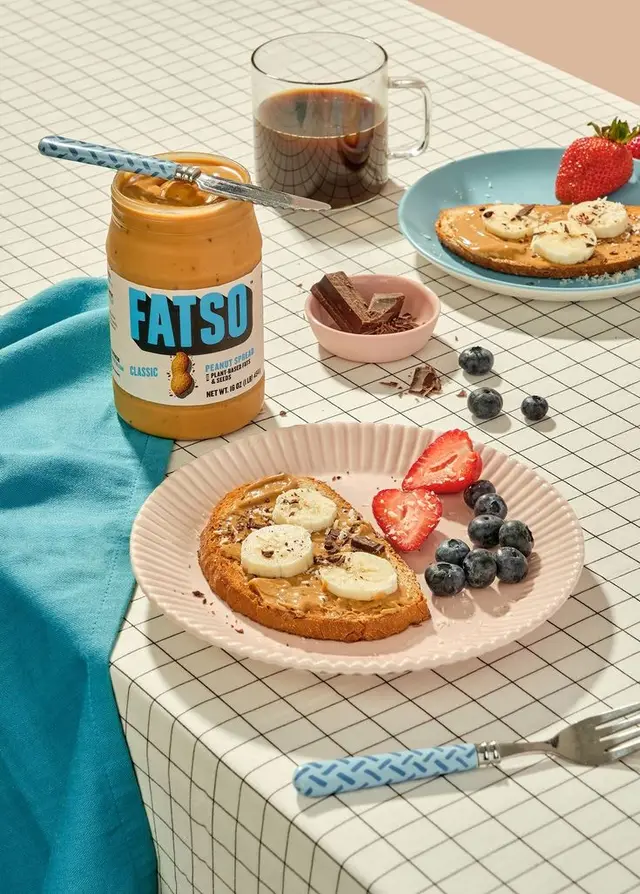 FATSO Peanut Spread Breakfast Toast with Banana, Berries & Coffee
