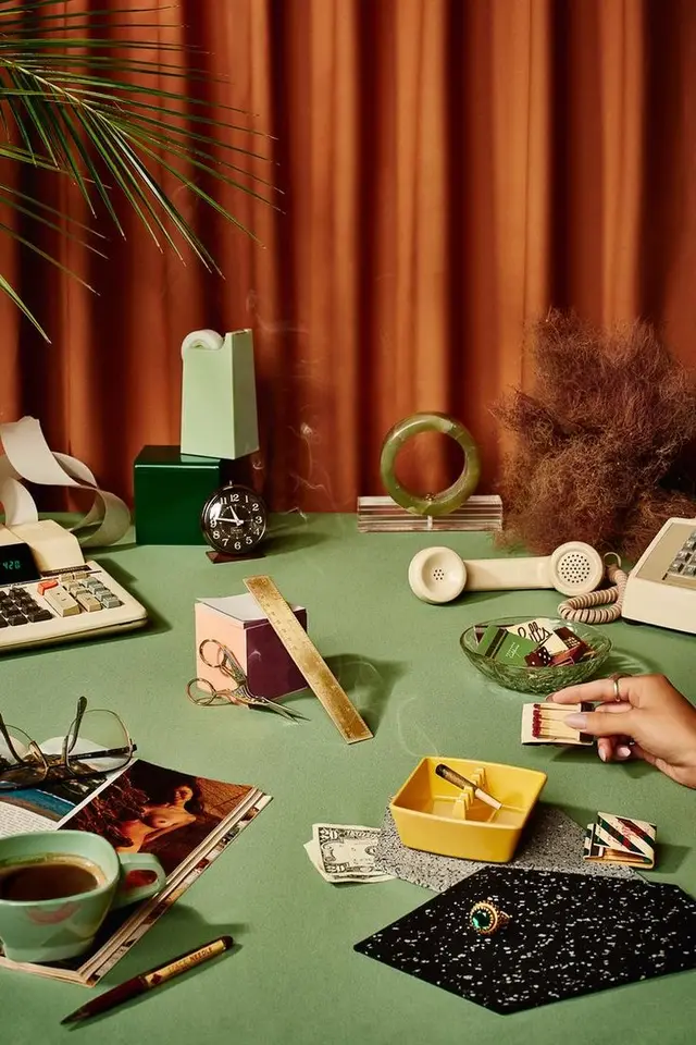 1970s‑Style Retro Desk Still Life with Matches and Telephone