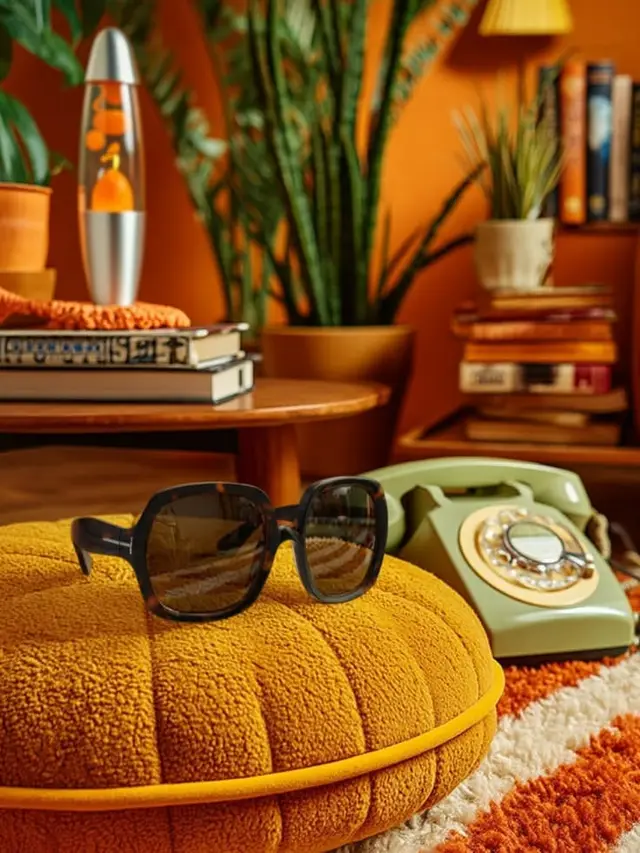 Retro 1970s living room still life with lava lamp and rotary phone