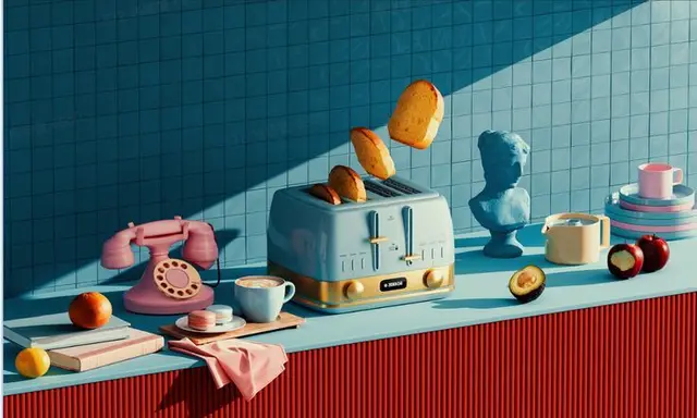 Pastel retro kitchen still life with floating toast