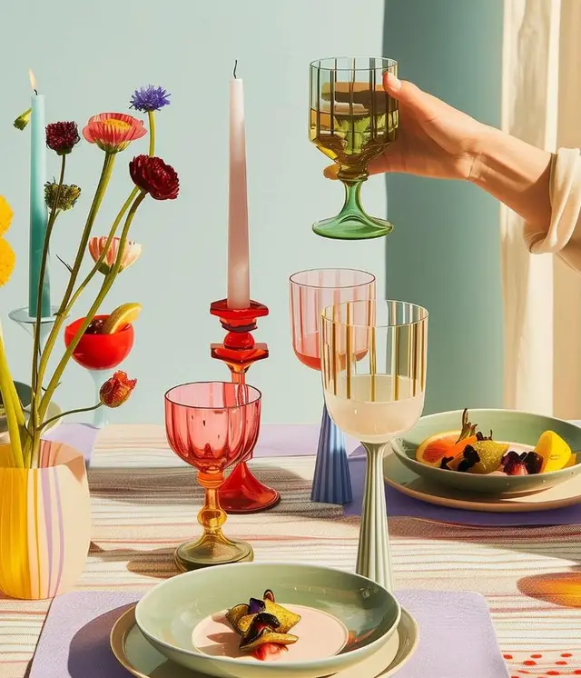 Sunlit pastel tablescape with colorful vintage-style glassware