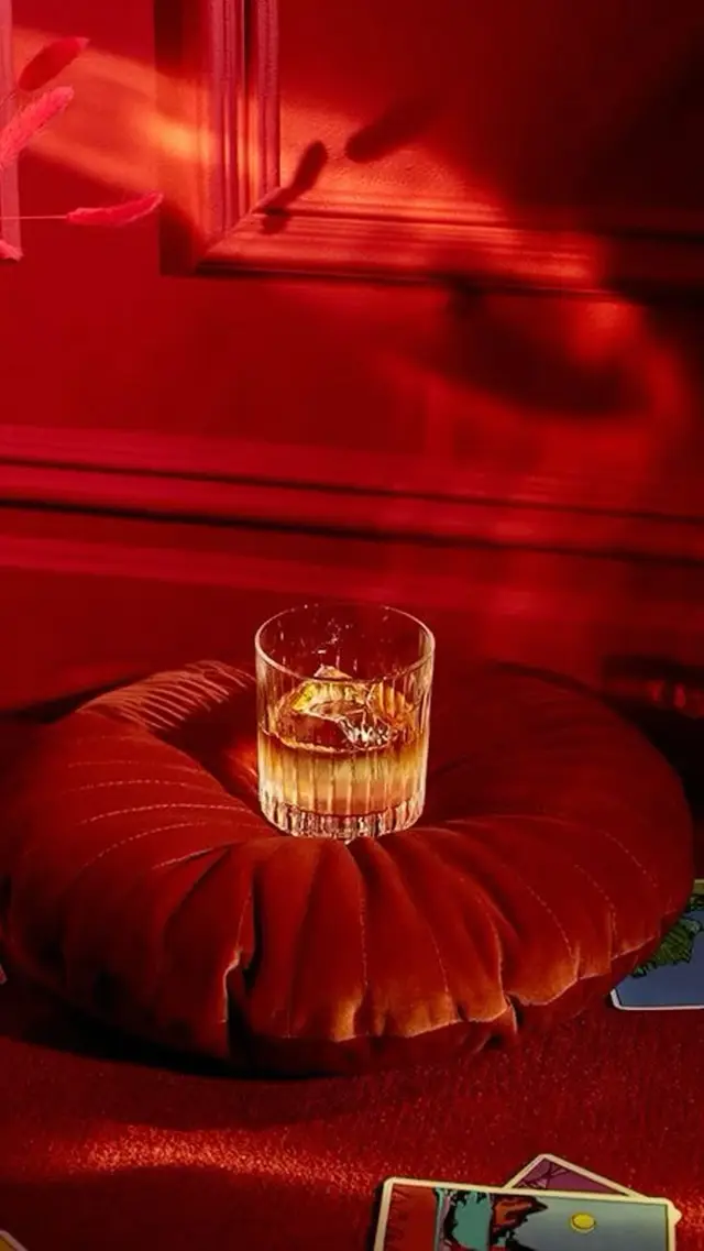Whiskey on Red Velvet with Tarot — Cinematic Still Life
