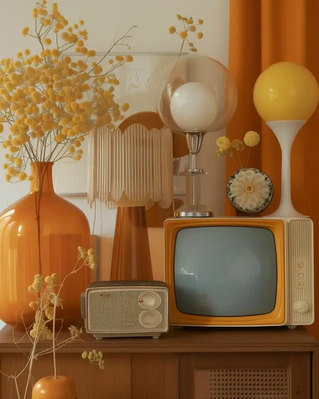 Retro orange still-life: vintage CRT TV, radio and amber vase