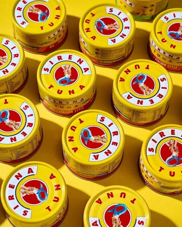Sirena Tuna — yellow retro tin cans flat-lay