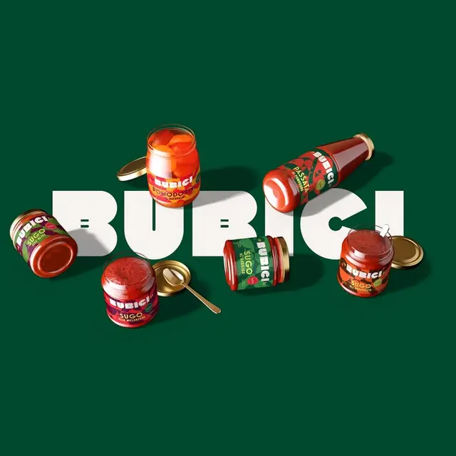 Rubici tomato sauce packaging flat-lay on deep green background