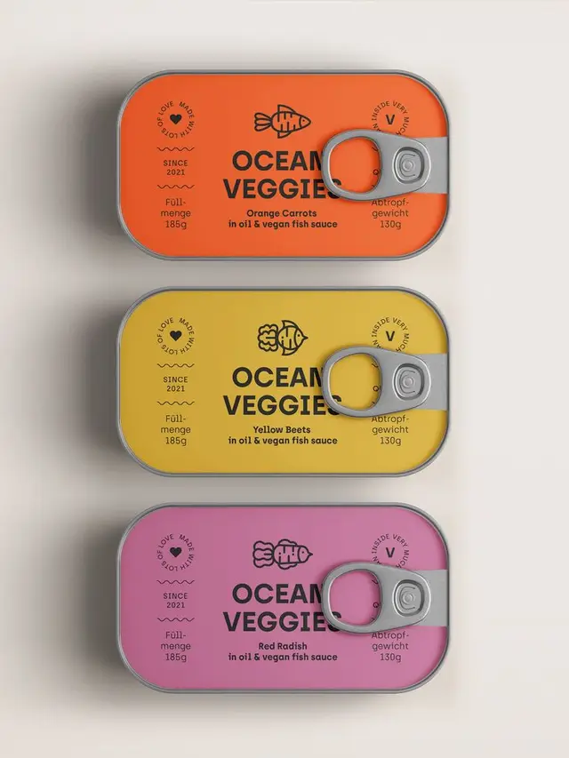 Ocean Veggies — Color-coded Vegan Canned Vegetables (Orange Carrots, Yellow Beets, Red Rad