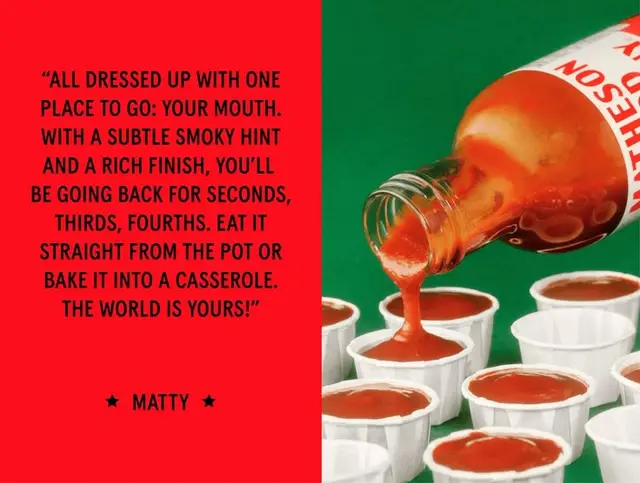 Hot sauce bottle pouring into condiment cups with red quote panel