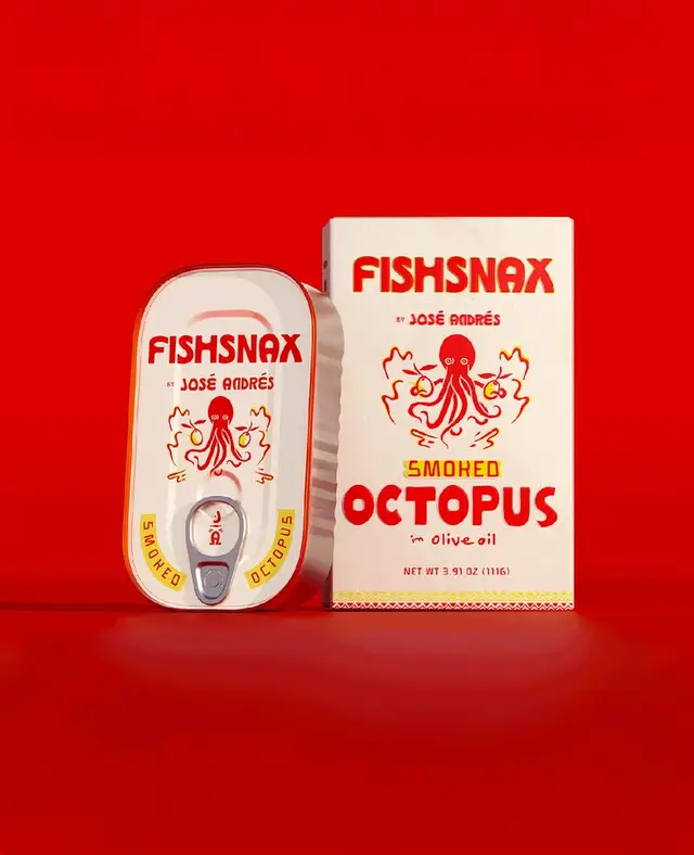 FISHSNAX Smoked Octopus tin and box — red retro packaging (by José Andrés)