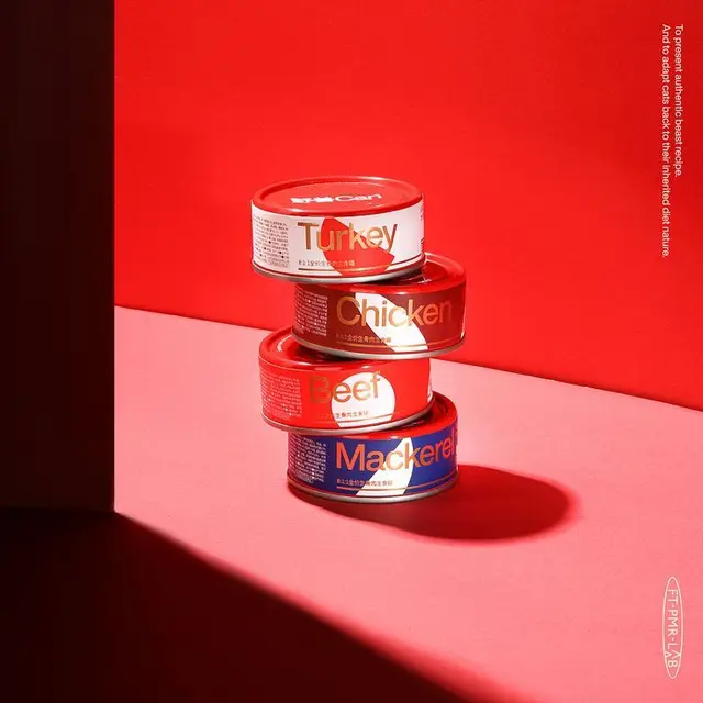 Stacked canned meat product shot — Turkey, Chicken, Beef, Mackerel