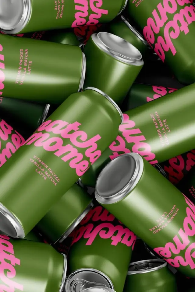 Green Matcha Latte Aluminum Cans with Pink Script Logo — Packaging Mockup