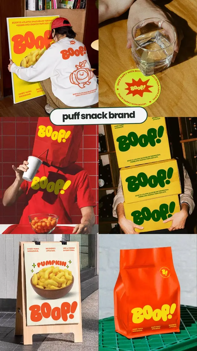BOOP! puff snack brand — packaging and POS moodboard