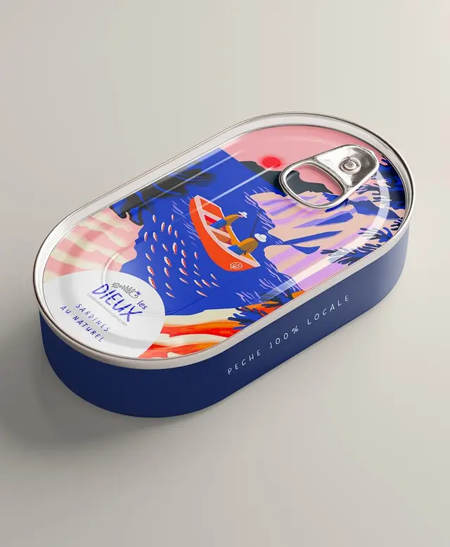 Illustrated sardine tin packaging with coastal boat scene