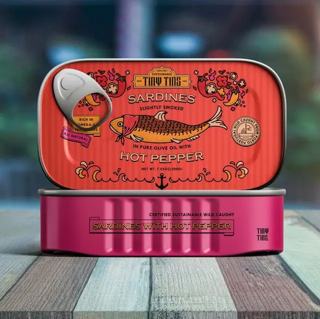 Tiny Tins coral sardine tin — Hot Pepper packaging