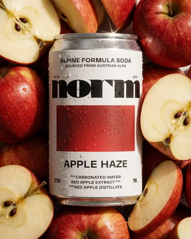 Norm Apple Haze soda can with red apples