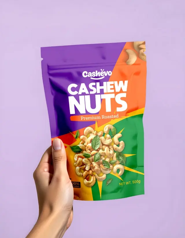 Cashevo Cashew Nuts 500g — colorful stand-up pouch packaging (purple/orange/green)