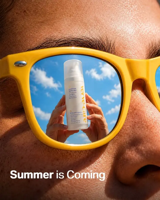 Sunscreen Bottle Reflected in Yellow Sunglasses — "Summer is Coming"