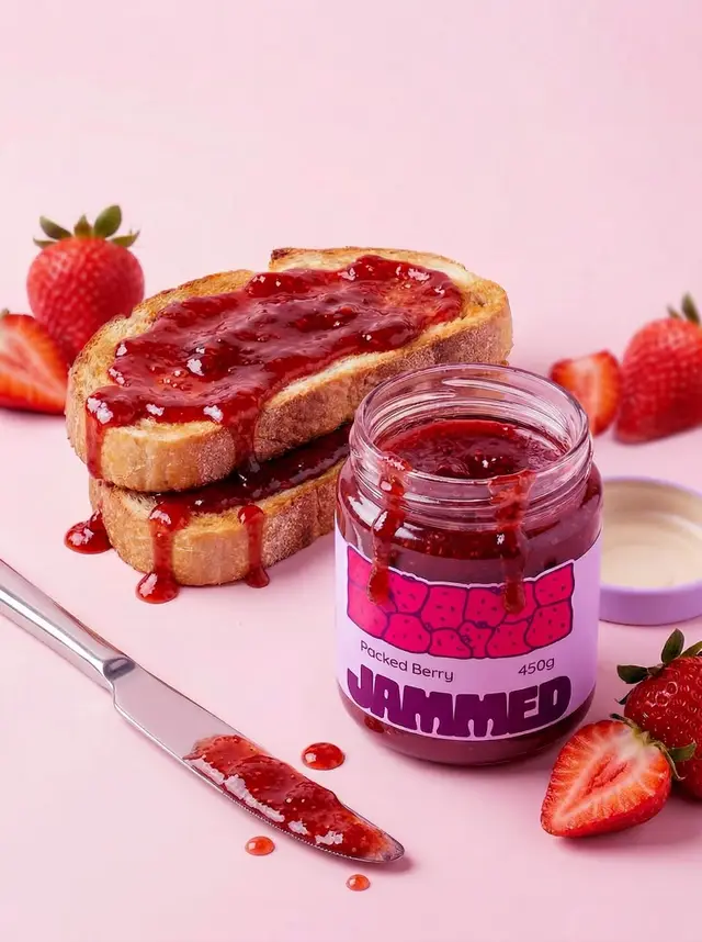 Open jar of 'JAMMED' packed berry jam with dripping toast on pink studio background