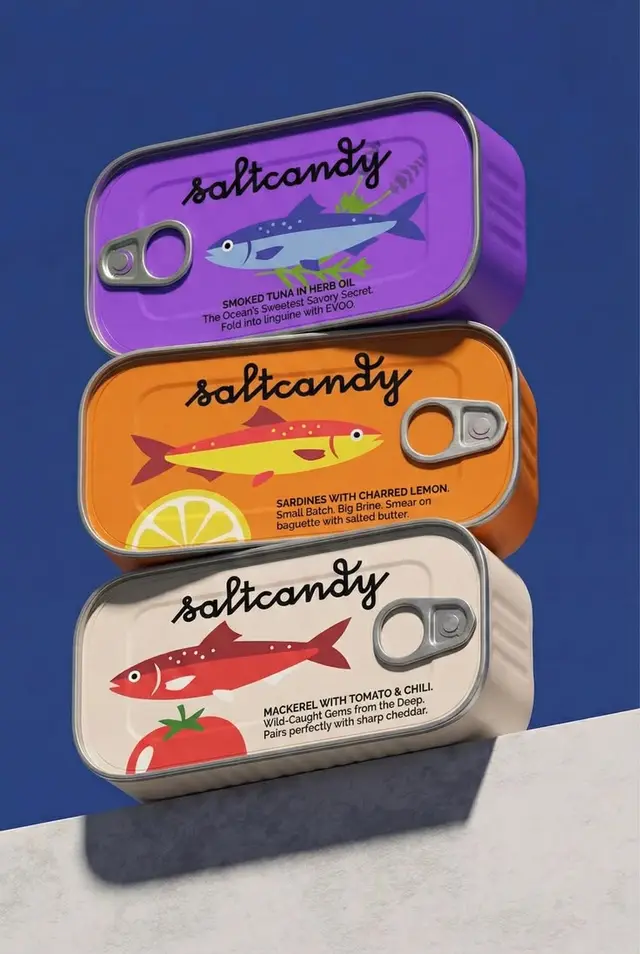 Saltcandy stacked canned seafood packaging — purple, orange, cream tins