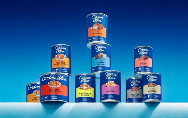 Cordon Bleu canned meals stacked — studio product shot