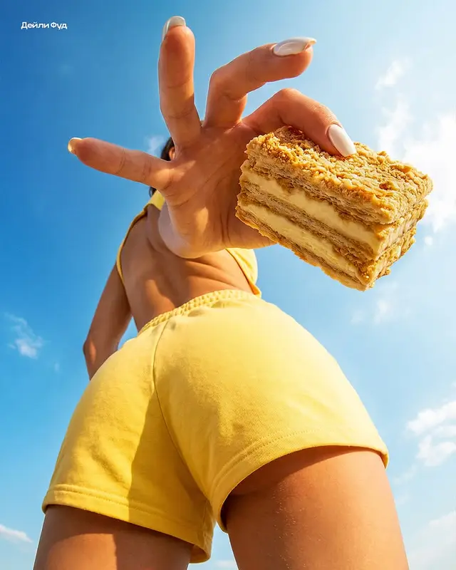 Low-angle summer food-fashion photo — person offering layered pastry (mille-feuille)