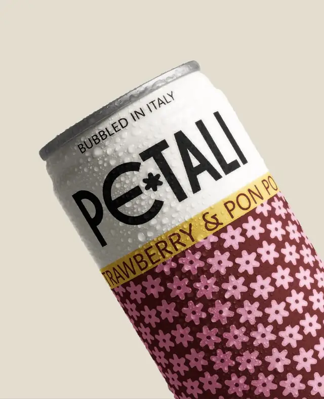 PETALI strawberry beverage can with pink floral pattern