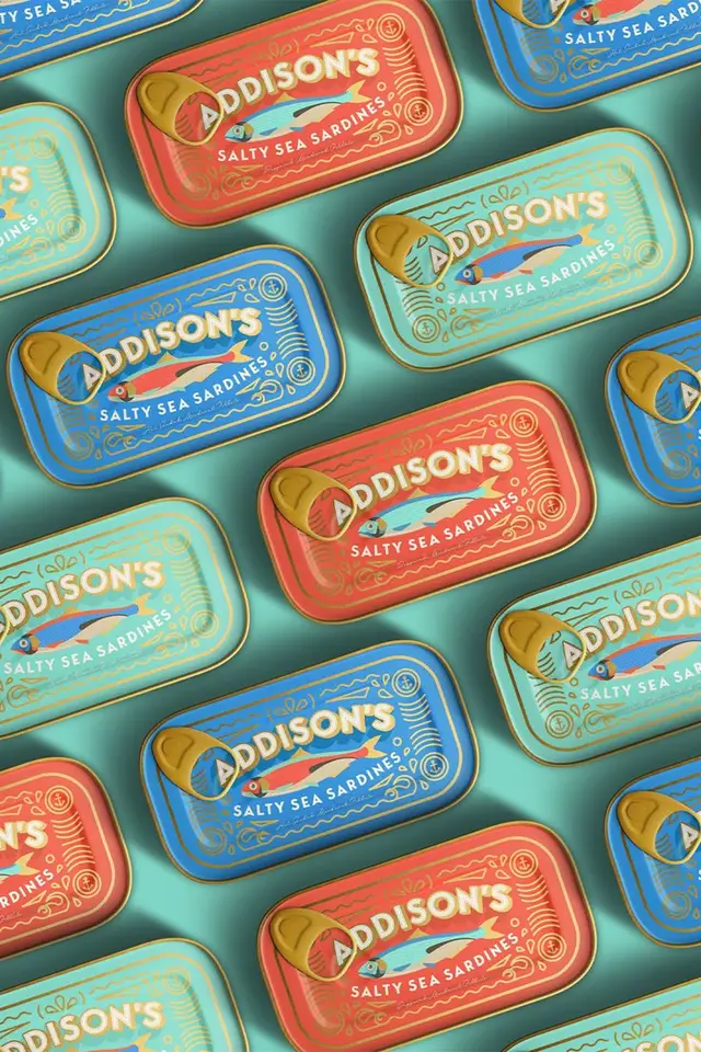 Addison's Salty Sea Sardines — colorful vintage tin packaging repeat