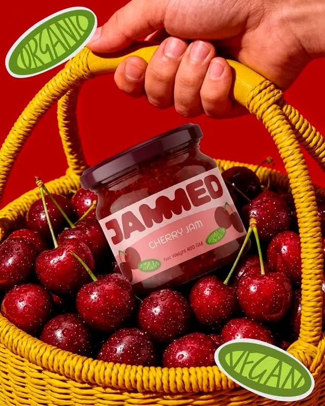 JAMMED Cherry Jam jar in yellow wicker basket of fresh cherries