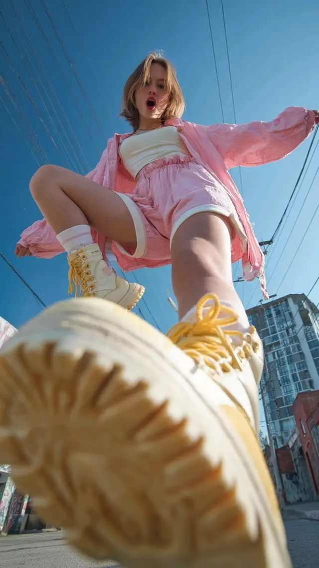 Low-angle street fashion shot — pink co-ord with yellow platform boots