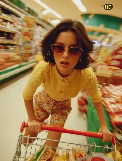 Retro supermarket fashion portrait — woman pushing shopping cart